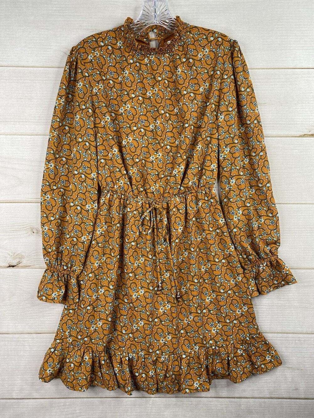 City Vibe Dress Sz S Orange Floral VInes Long-Sleeve Mock Neck Chiffon Boho